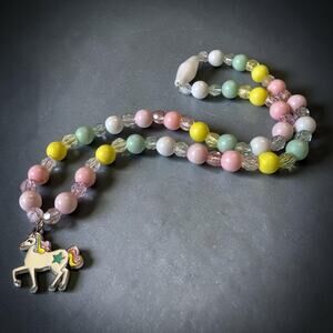 Handmade Unicorn Pendant Necklace Child’s Pastel Pink Green Plastic Bead 17”